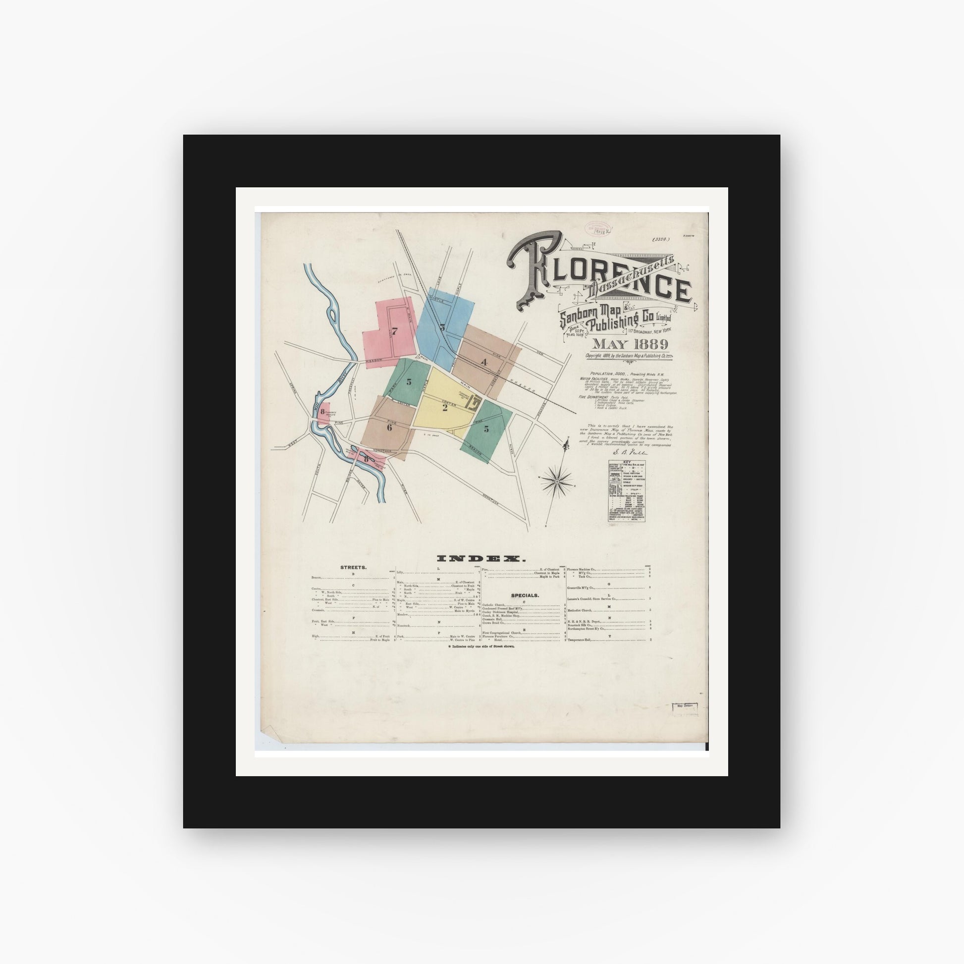 Old map wall art mockup — black gallery frame with white mat — Sanborn Fire Insurance Map from Florence, Hampshire County, Massachusetts (1889) - Complete Map Set