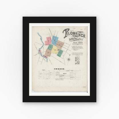 Old map wall art mockup — black gallery frame with white mat — Sanborn Fire Insurance Map from Florence, Hampshire County, Massachusetts (1889) - Complete Map Set