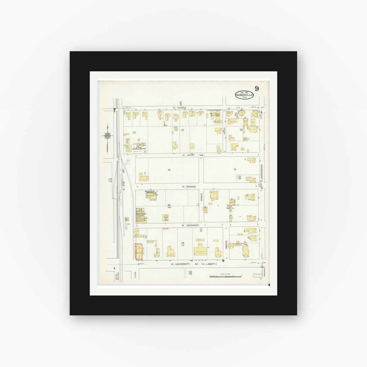 Old map wall art mockup — black gallery frame with white mat — Sanborn Fire Insurance Map from Gainesville, Alachua County, Florida (1913), Sheet #0009