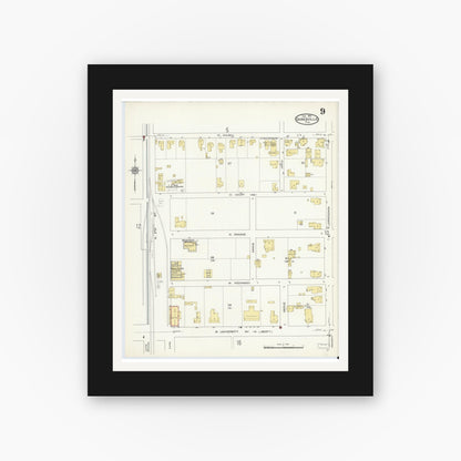 Old map wall art mockup — black gallery frame with white mat — Sanborn Fire Insurance Map from Gainesville, Alachua County, Florida (1913), Sheet #0009