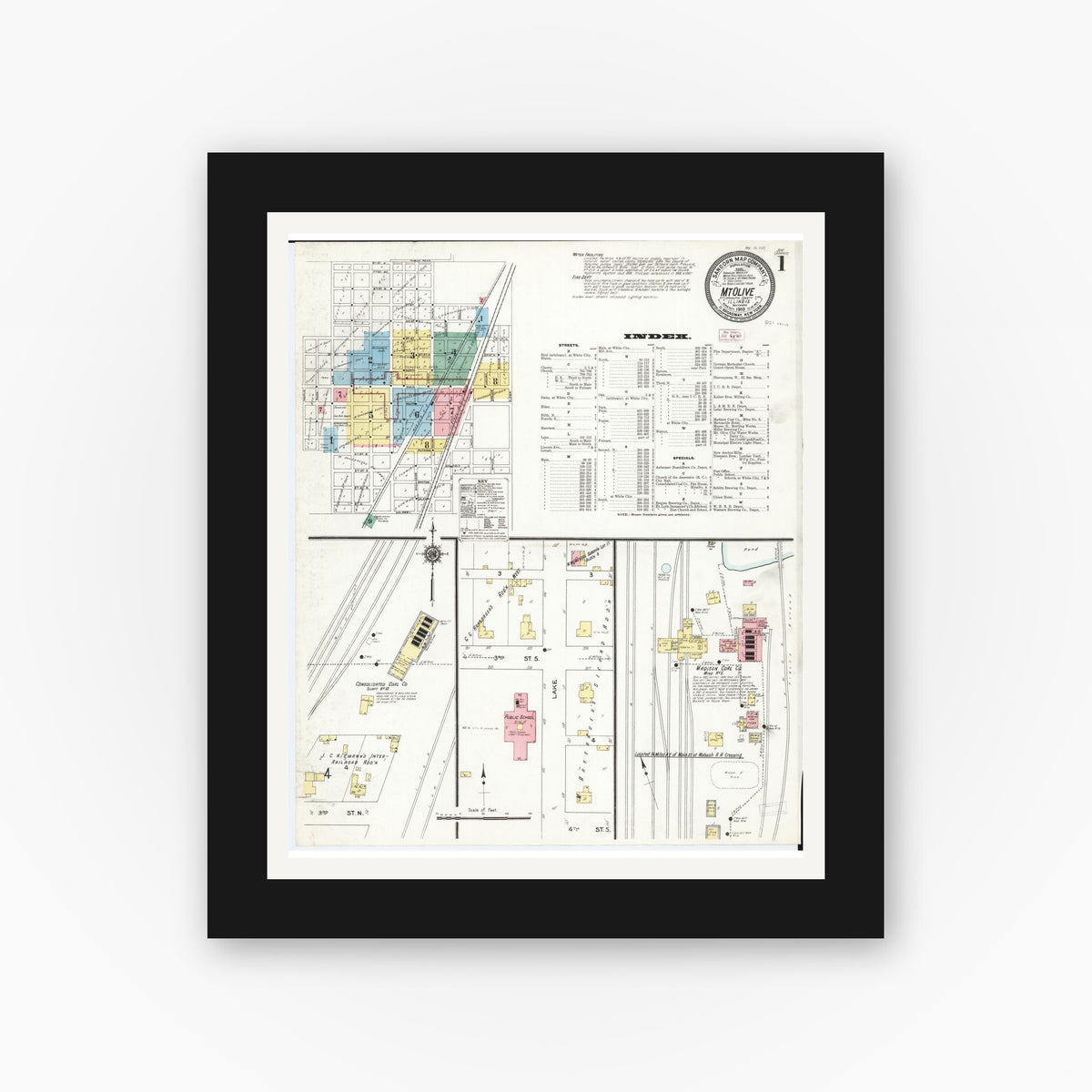 Old map wall art mockup — black gallery frame with white mat — Sanborn Fire Insurance Map from Mount Olive, Macoupin County, Illinois (1910), Sheet #0001