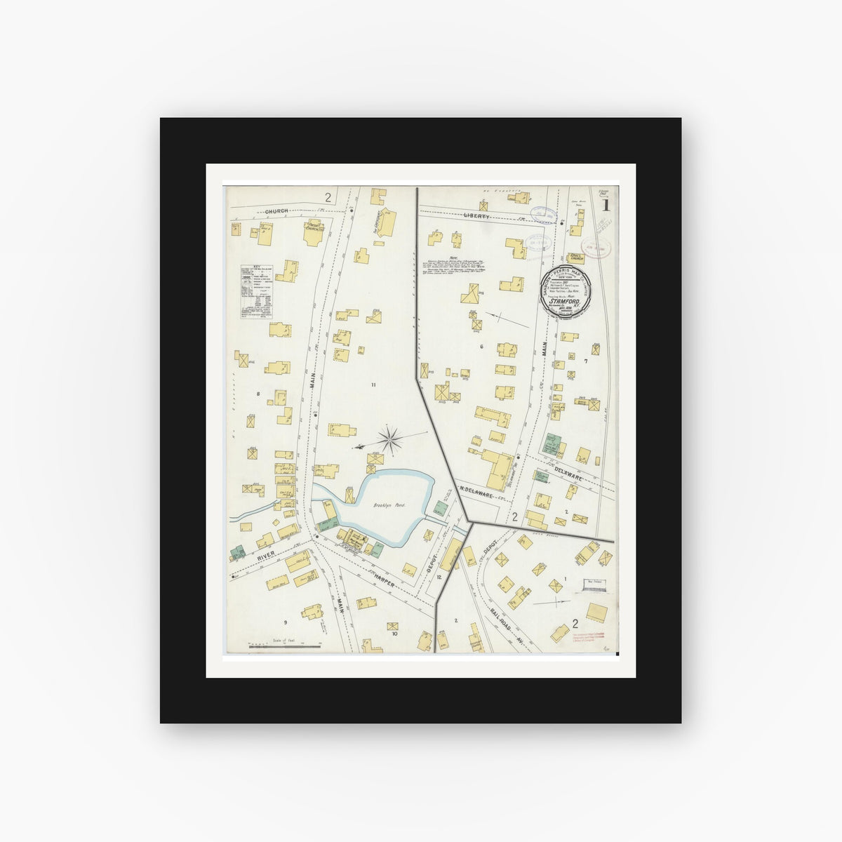 Old map wall art mockup — black gallery frame with white mat — Sanborn Fire Insurance Map from Stamford, Delaware County, New York (1898) - Complete Map Set