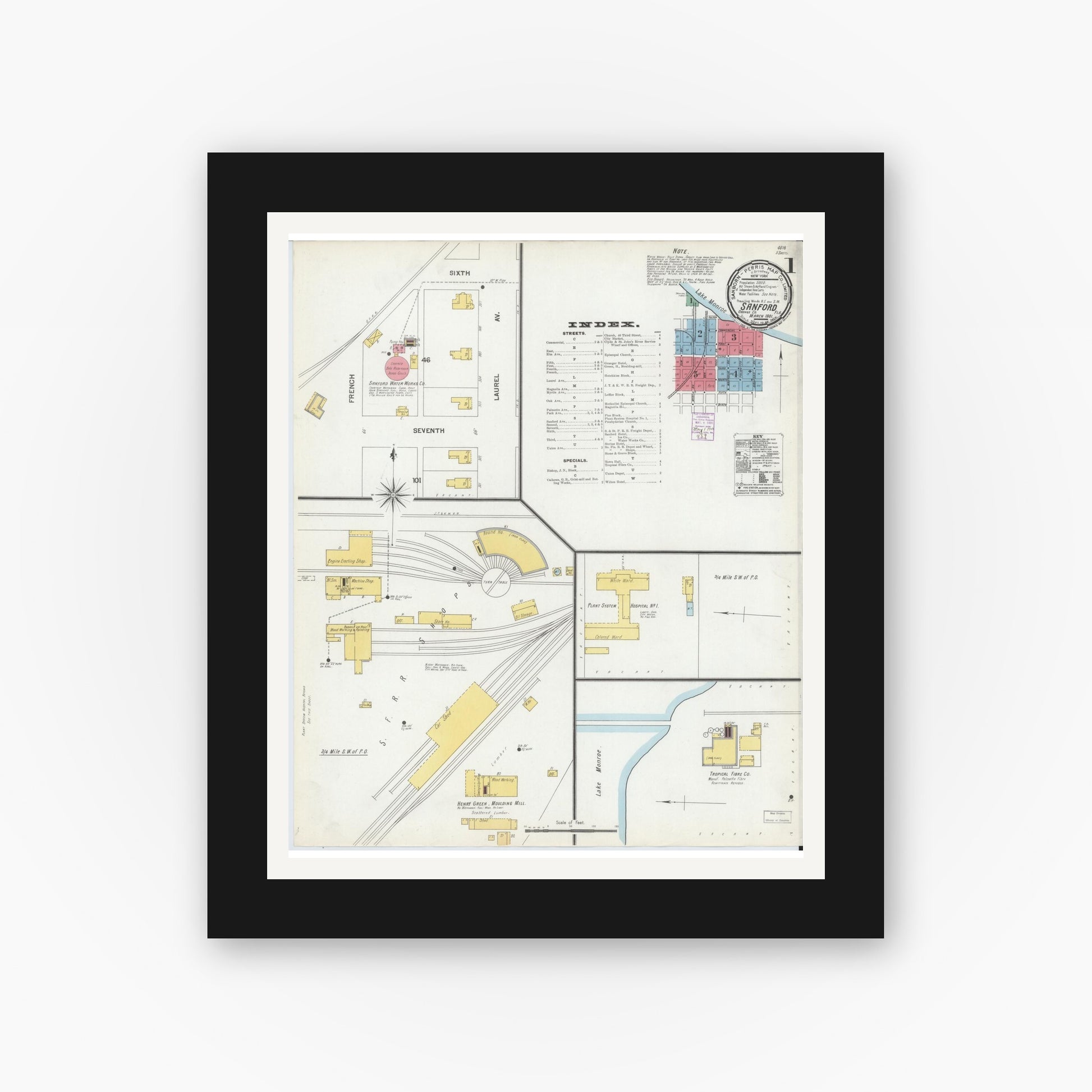 Old map wall art mockup — black gallery frame with white mat — Sanborn Fire Insurance Map from Sanford, Seminole County, Florida (1901) - Complete Map Set