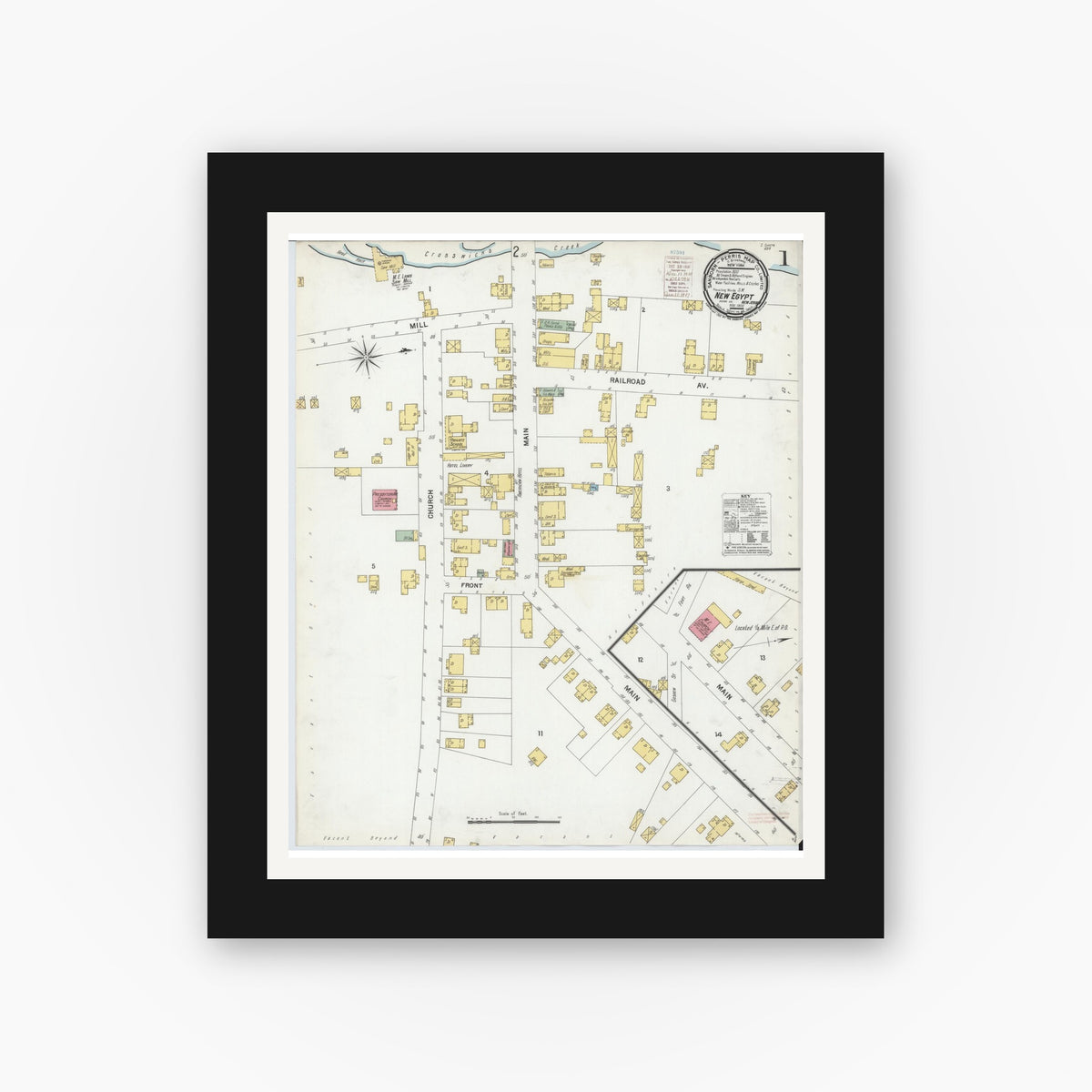Old map wall art mockup — black gallery frame with white mat — Sanborn Fire Insurance Map from New Egypt, Ocean County, New Jersey (1900), Sheet #0001