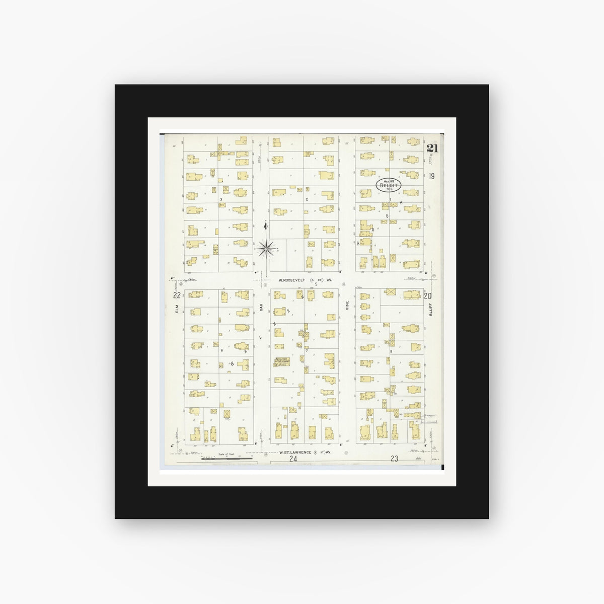 Old map wall art mockup — black gallery frame with white mat — Sanborn Fire Insurance Map from Beloit, Rock County, Wisconsin (1908), Sheet #0021