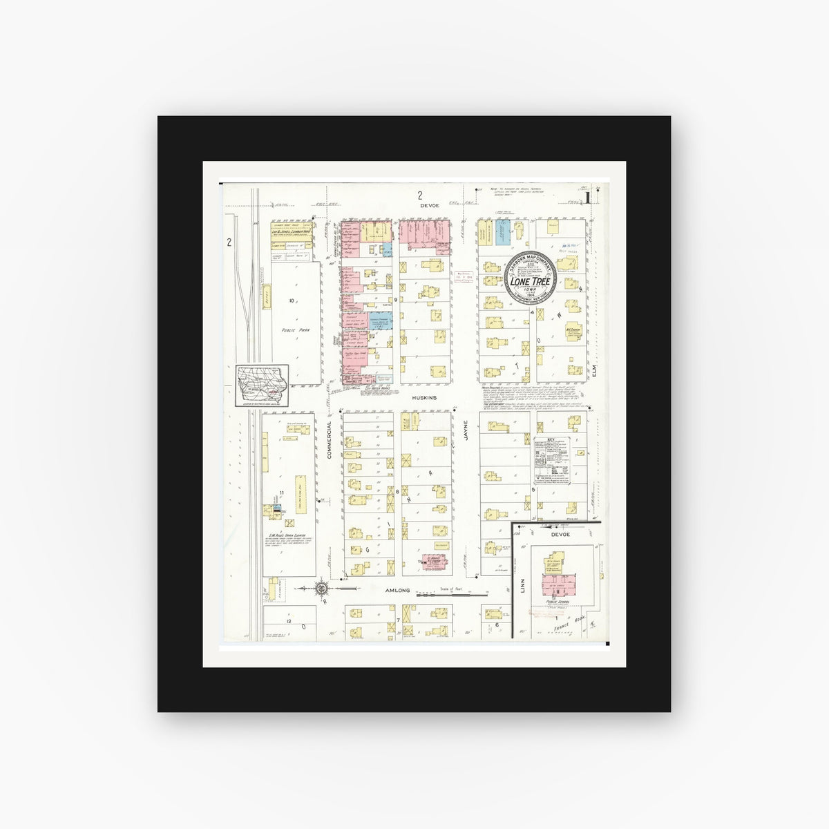 Old map wall art mockup — black gallery frame with white mat — Sanborn Fire Insurance Map from Lone Tree, Johnson County, Iowa (1914) â€” Complete Set
