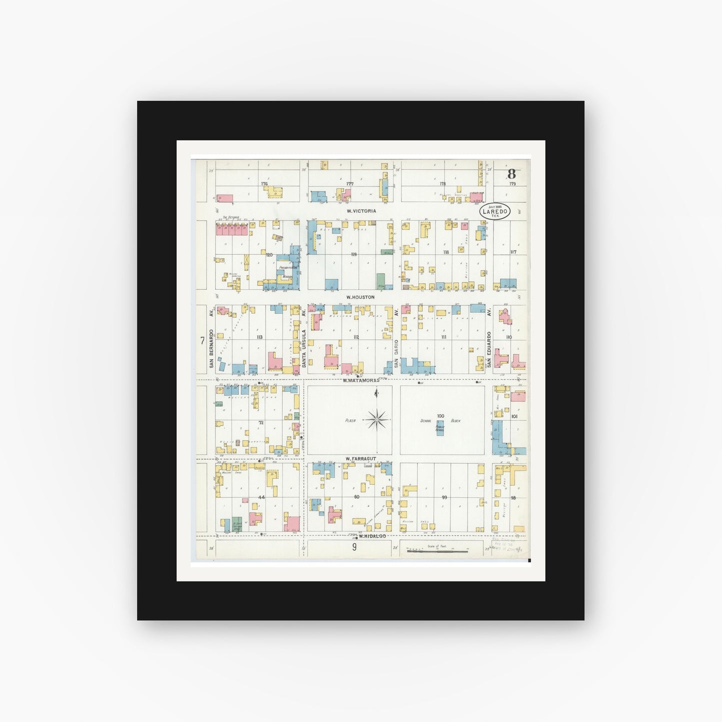 Old map wall art mockup — black gallery frame with white mat — Sanborn Fire Insurance Map from Laredo, Webb County, Texas (1900), Sheet #0008