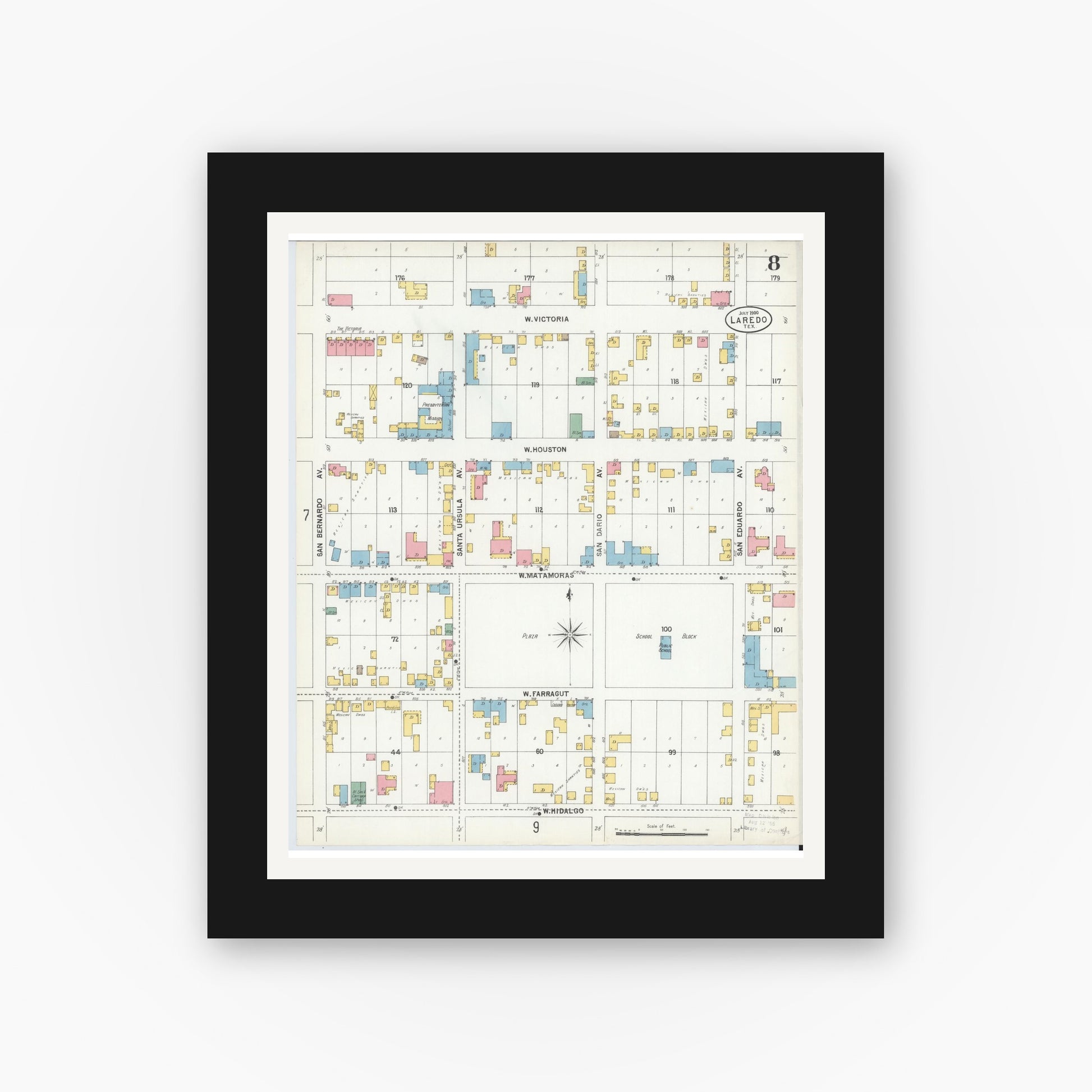 Old map wall art mockup — black gallery frame with white mat — Sanborn Fire Insurance Map from Laredo, Webb County, Texas (1900), Sheet #0008