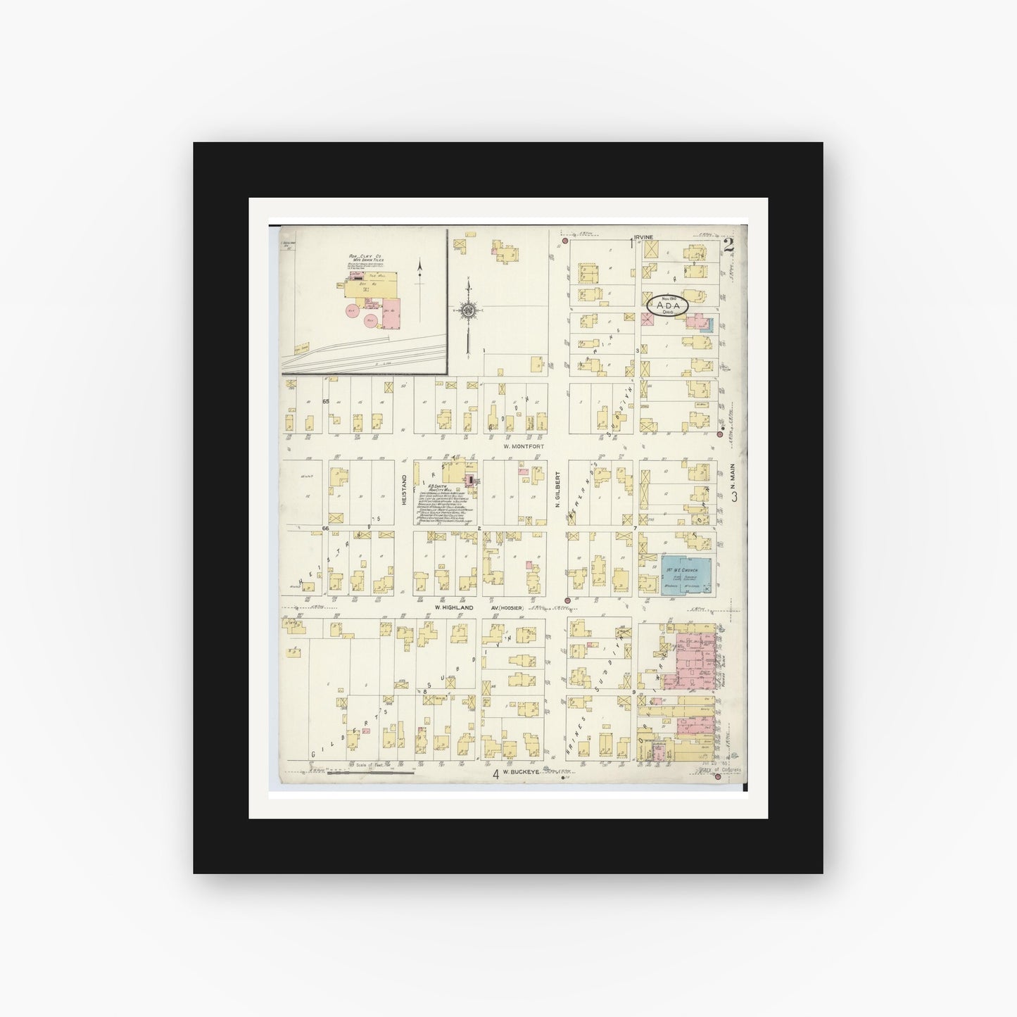 Old map wall art mockup — black gallery frame with white mat — Sanborn Fire Insurance Map from Ada, Hardin County, Ohio (1910), Sheet #0002