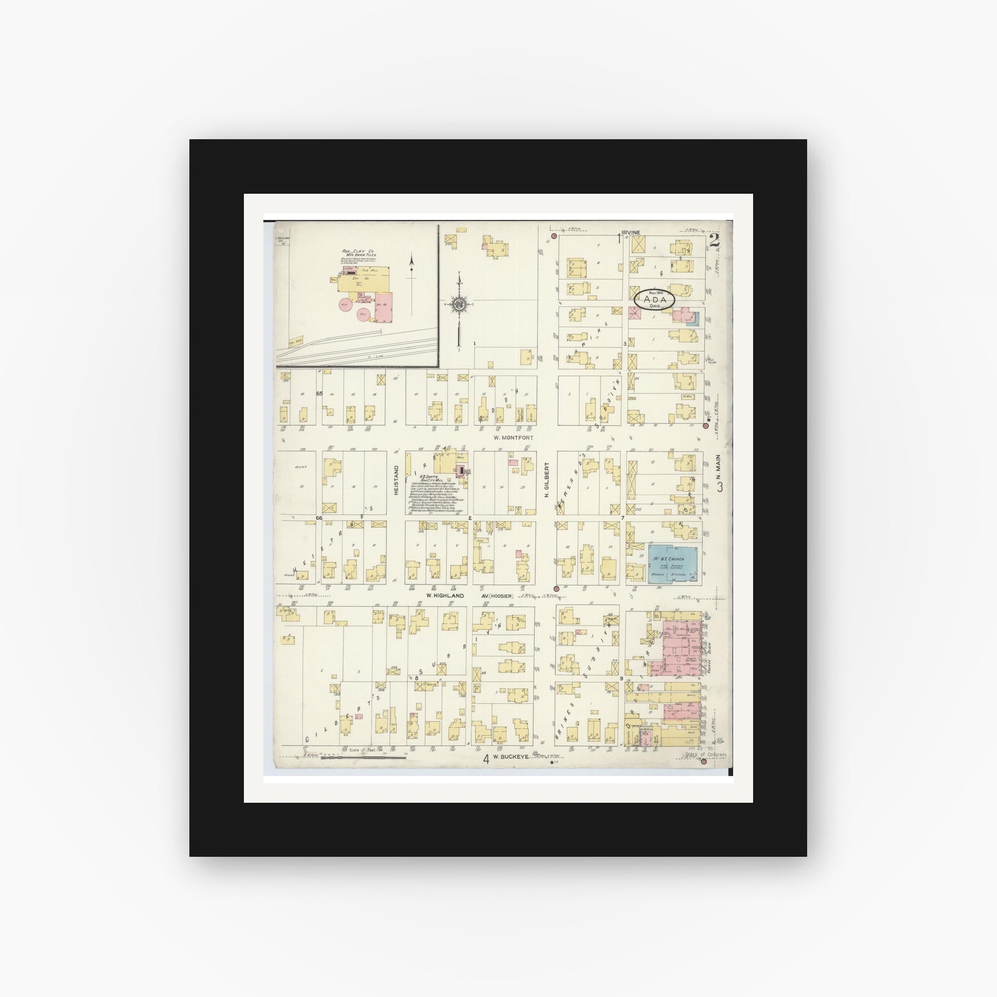 Old map wall art mockup — black gallery frame with white mat — Sanborn Fire Insurance Map from Ada, Hardin County, Ohio (1910), Sheet #0002