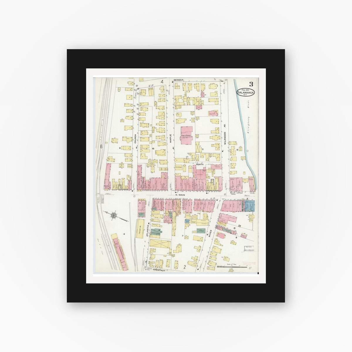 Old map wall art mockup — black gallery frame with white mat — Sanborn Fire Insurance Map from Salamanca, Cattaraugus County, New York (1910), Sheet #0003