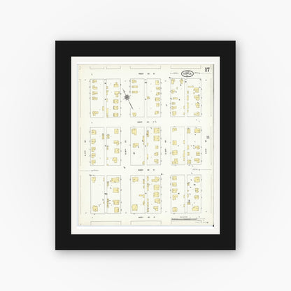Old map wall art mockup — black gallery frame with white mat — Sanborn Fire Insurance Map from Temple, Bell County, Texas (1910), Sheet #0017