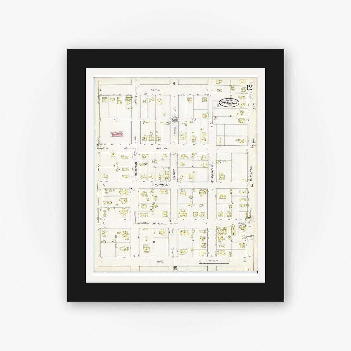 Old map wall art mockup — black gallery frame with white mat — Sanborn Fire Insurance Map from Gainesville, Cooke County, Texas (1913), Sheet #0012