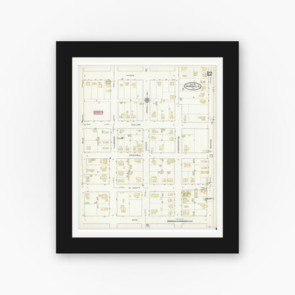 Old map wall art mockup — black gallery frame with white mat — Sanborn Fire Insurance Map from Gainesville, Cooke County, Texas (1913), Sheet #0012
