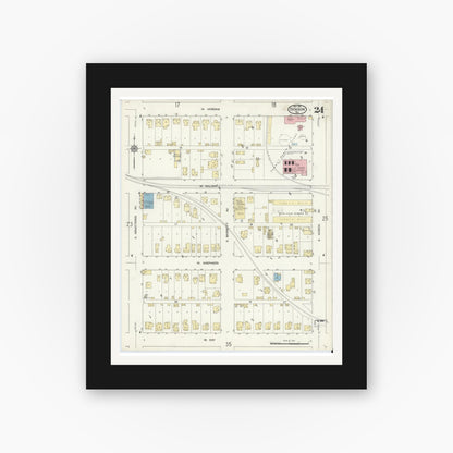 Old map wall art mockup — black gallery frame with white mat — Sanborn Fire Insurance Map from Denison, Grayson County, Texas (1914), Sheet #0024