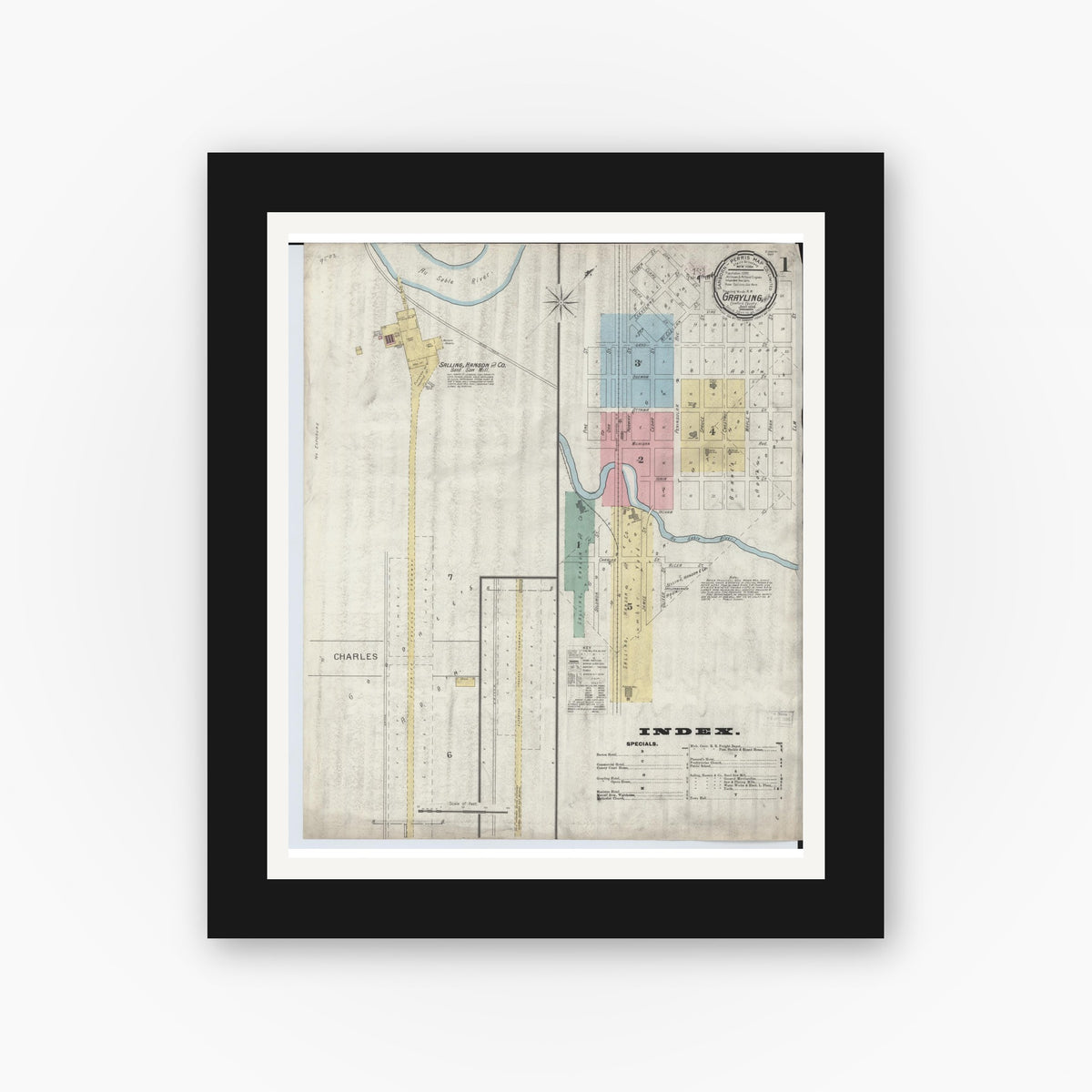 Old map wall art mockup — black gallery frame with white mat — Sanborn Fire Insurance Map from Grayling, Crawford County, Michigan (1894), Sheet #0001