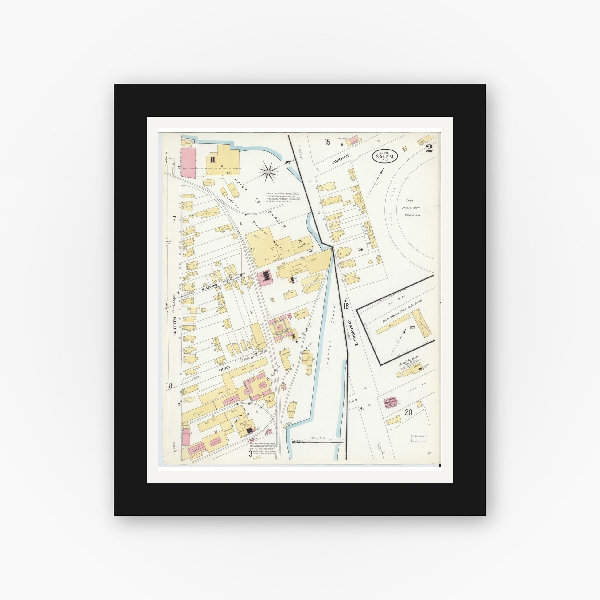 Old map wall art mockup — black gallery frame with white mat — Sanborn Fire Insurance Map from Salem, Salem County, New Jersey (1909) - Complete Map Set