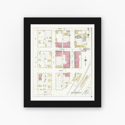 Old map wall art mockup — black gallery frame with white mat — Sanborn Fire Insurance Map from Midlothian, Ellis County, Texas (1921), Sheet #0002