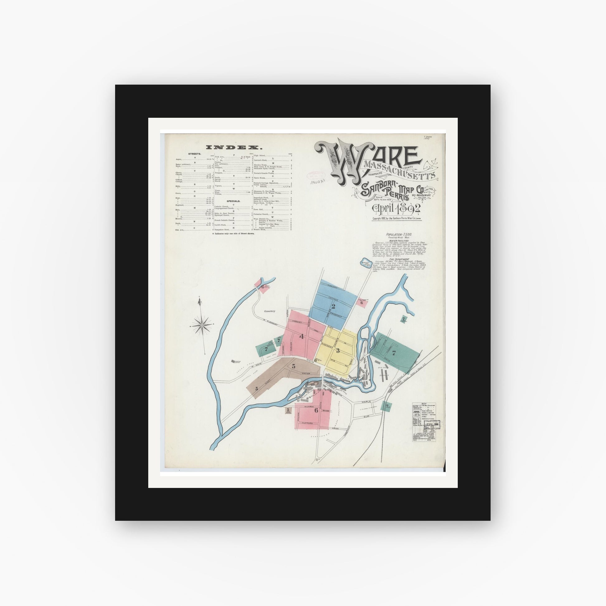 Old map wall art mockup — black gallery frame with white mat — Sanborn Fire Insurance Map from Ware, Hampshire County, Massachusetts (1892) - Complete Map Set