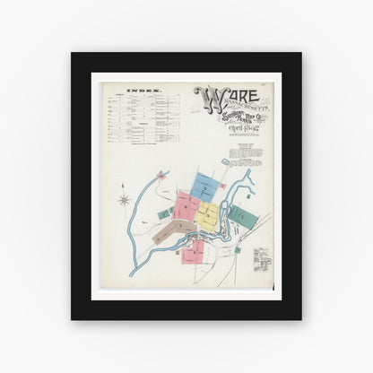 Old map wall art mockup — black gallery frame with white mat — Sanborn Fire Insurance Map from Ware, Hampshire County, Massachusetts (1892) - Complete Map Set