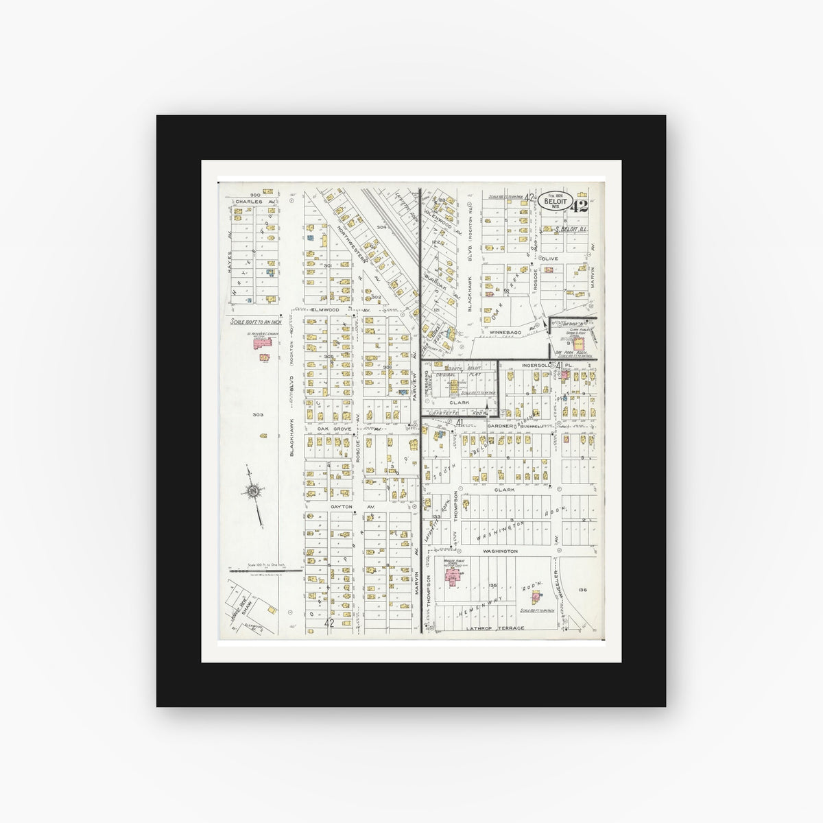 Old map wall art mockup — black gallery frame with white mat — Sanborn Fire Insurance Map from Beloit, Rock County, Wisconsin (1926), Sheet #0042