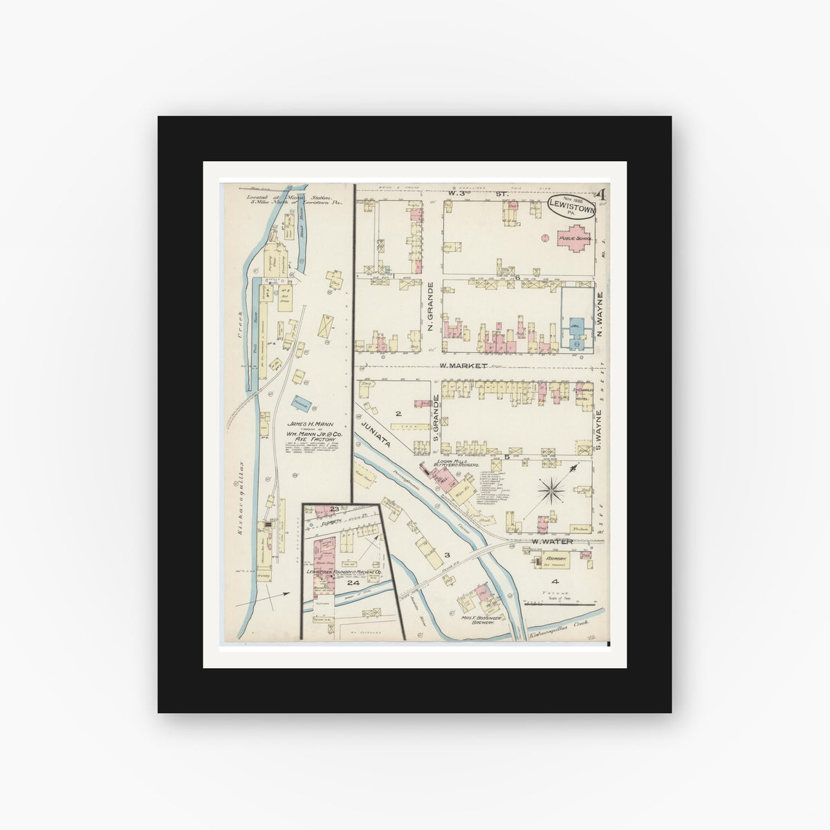 Old map wall art mockup — black gallery frame with white mat — Sanborn Fire Insurance Map from Lewistown, Mifflin County, Pennsylvania (1885), Sheet #0004