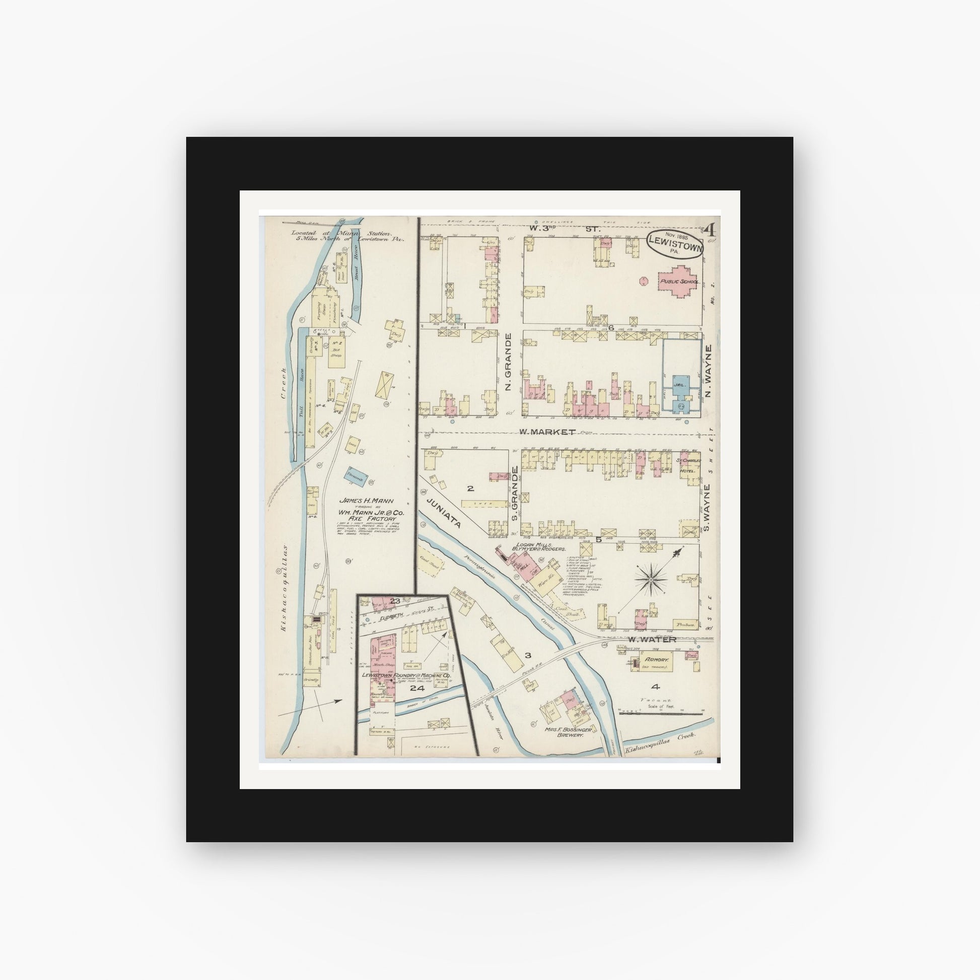 Old map wall art mockup — black gallery frame with white mat — Sanborn Fire Insurance Map from Lewistown, Mifflin County, Pennsylvania (1885), Sheet #0004