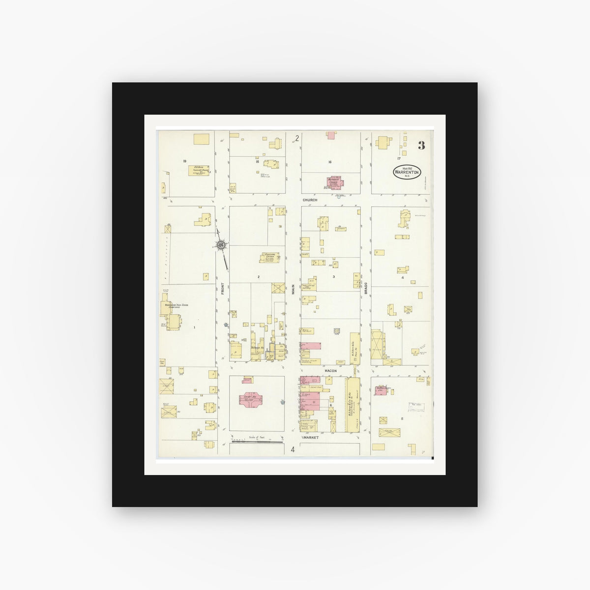 Old map wall art mockup — black gallery frame with white mat — Sanborn Fire Insurance Map from Warrenton, Warren County, North Carolina (1912), Sheet #0003