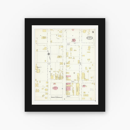 Old map wall art mockup — black gallery frame with white mat — Sanborn Fire Insurance Map from Warrenton, Warren County, North Carolina (1912), Sheet #0003