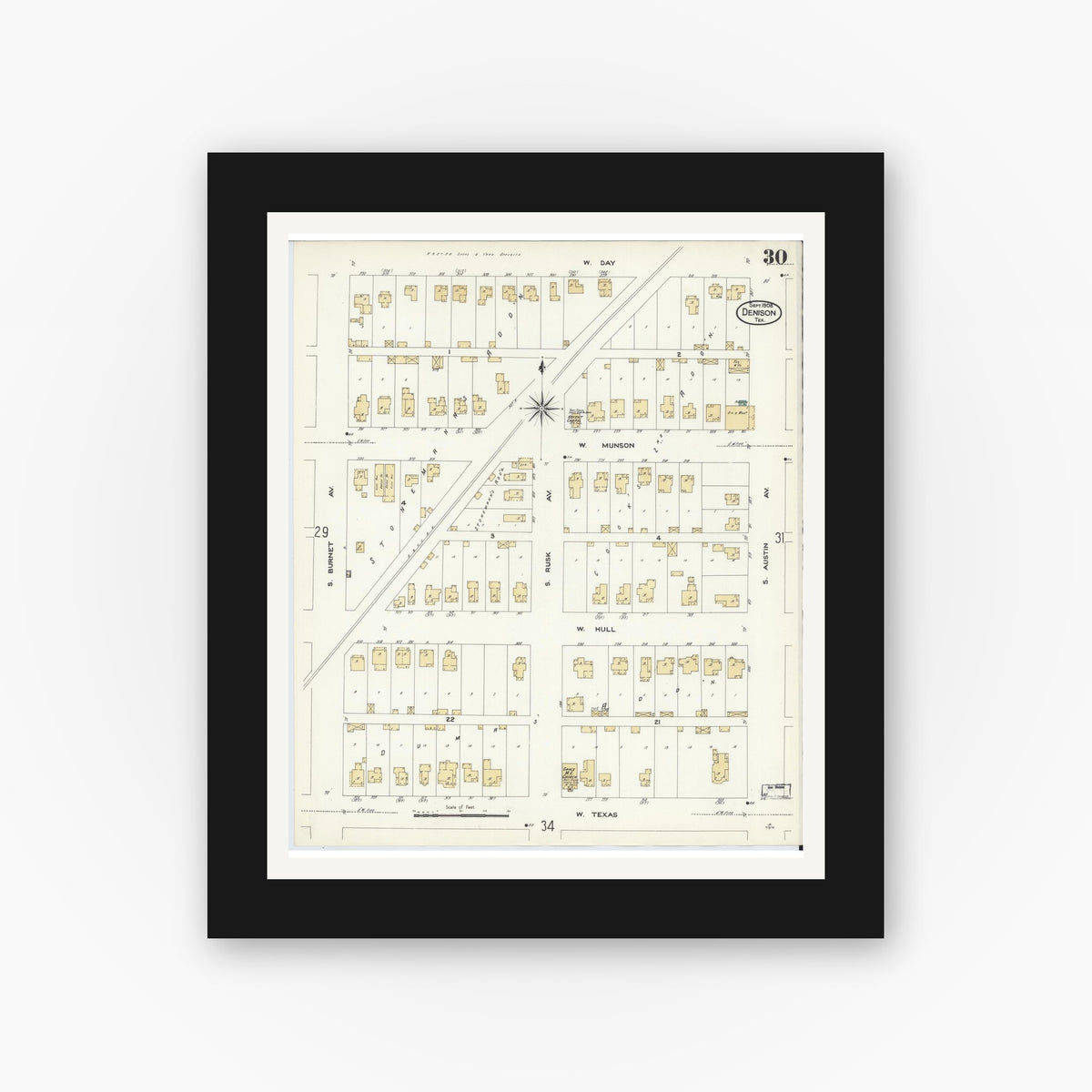 Old map wall art mockup — black gallery frame with white mat — Sanborn Fire Insurance Map from Denison, Grayson County, Texas (1908), Sheet #0030
