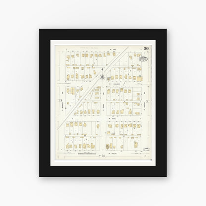 Old map wall art mockup — black gallery frame with white mat — Sanborn Fire Insurance Map from Denison, Grayson County, Texas (1908), Sheet #0030