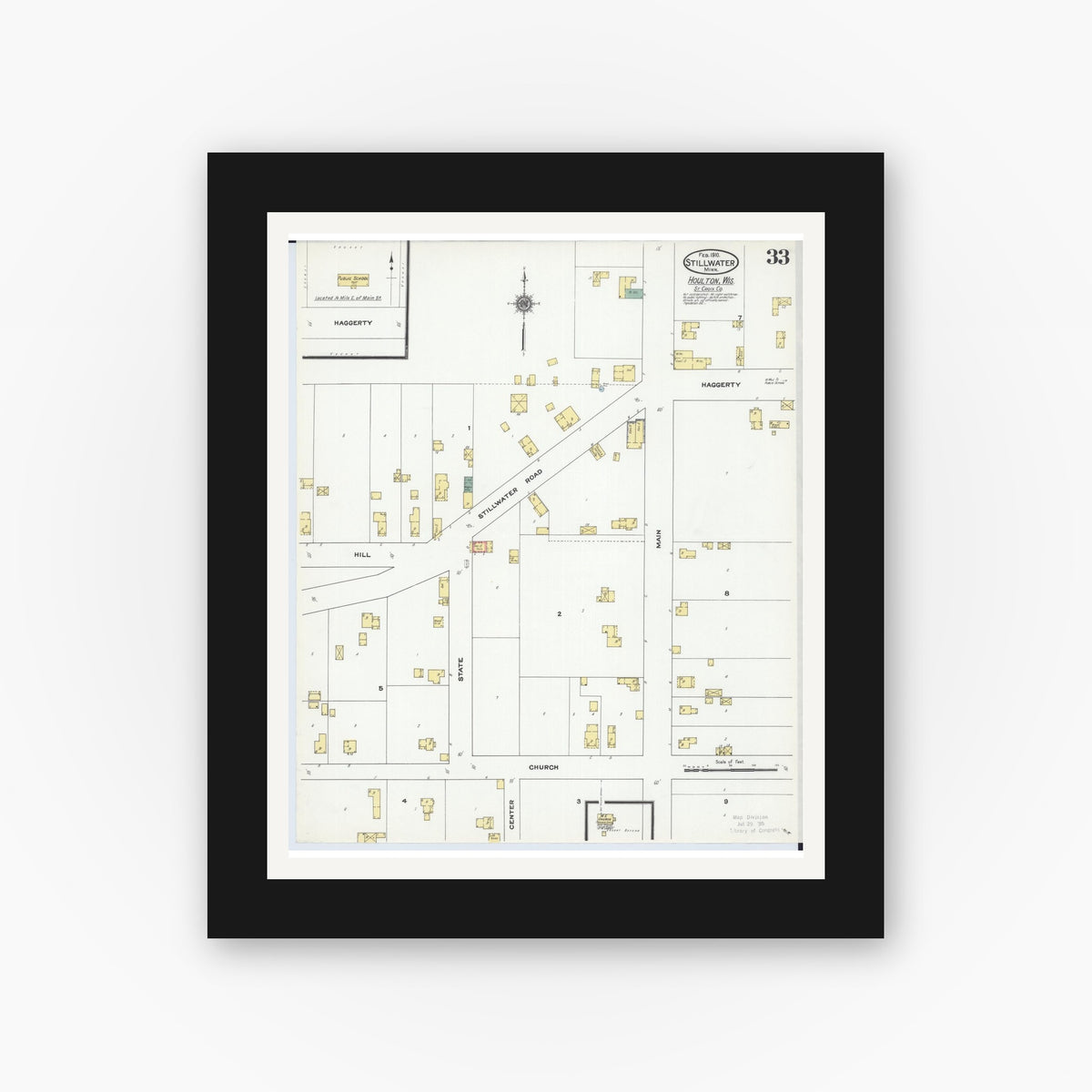 Old map wall art mockup — black gallery frame with white mat — Sanborn Fire Insurance Map from Stillwater, Washington County, Minnesota (1910), Sheet #0033