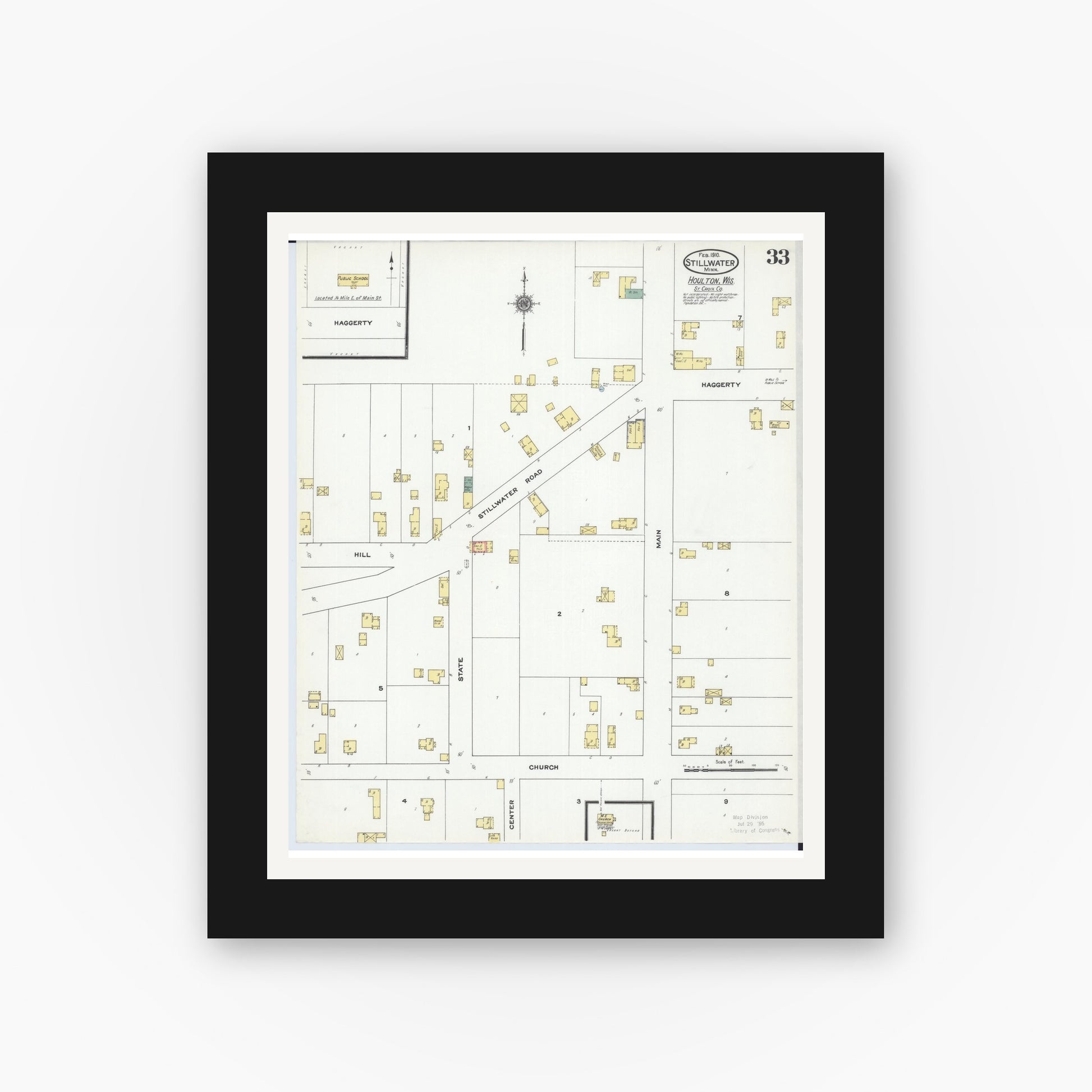 Old map wall art mockup — black gallery frame with white mat — Sanborn Fire Insurance Map from Stillwater, Washington County, Minnesota (1910), Sheet #0033