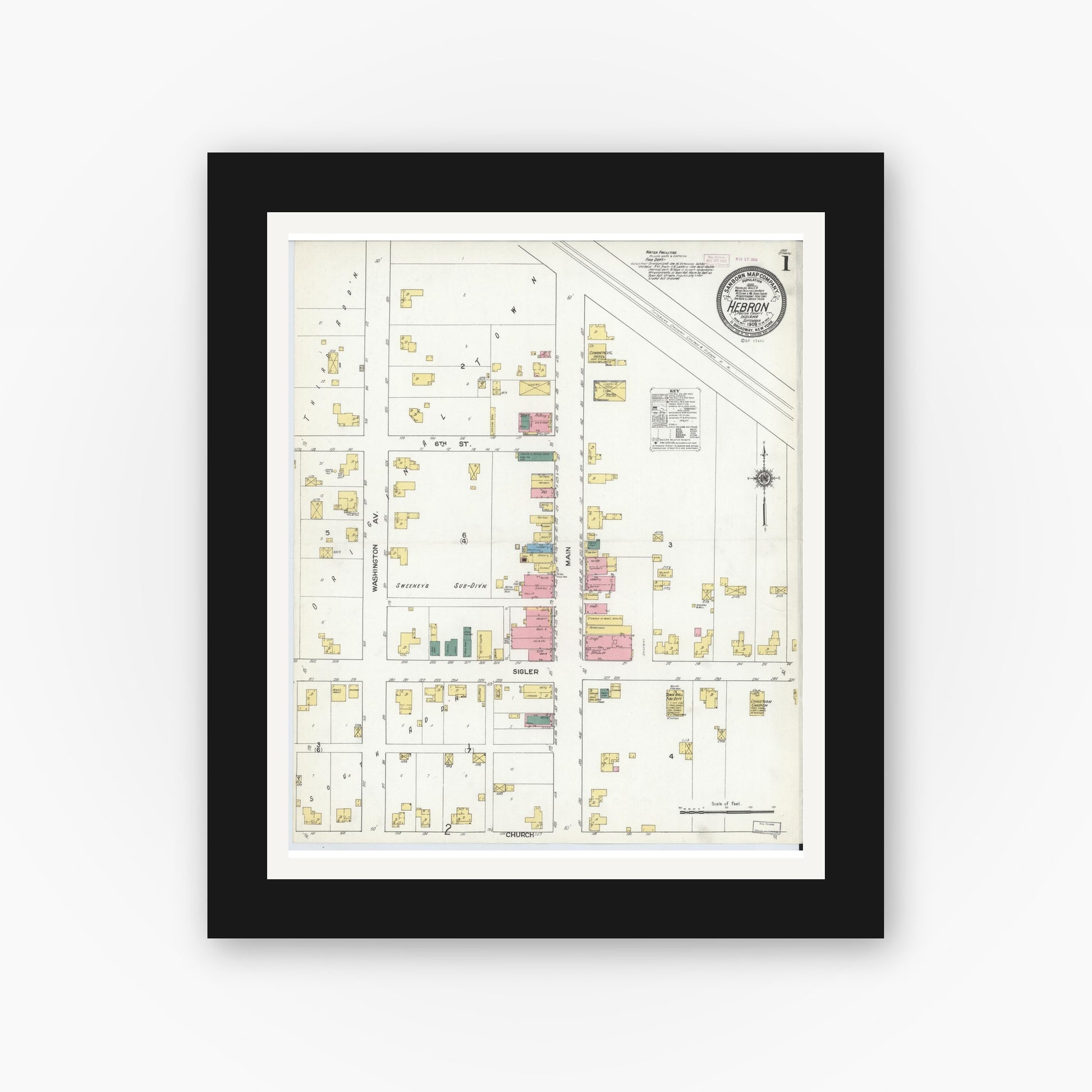 Old map wall art mockup — black gallery frame with white mat — Sanborn Fire Insurance Map from Hebron, Porter County, Indiana (1909) - Complete Map Set