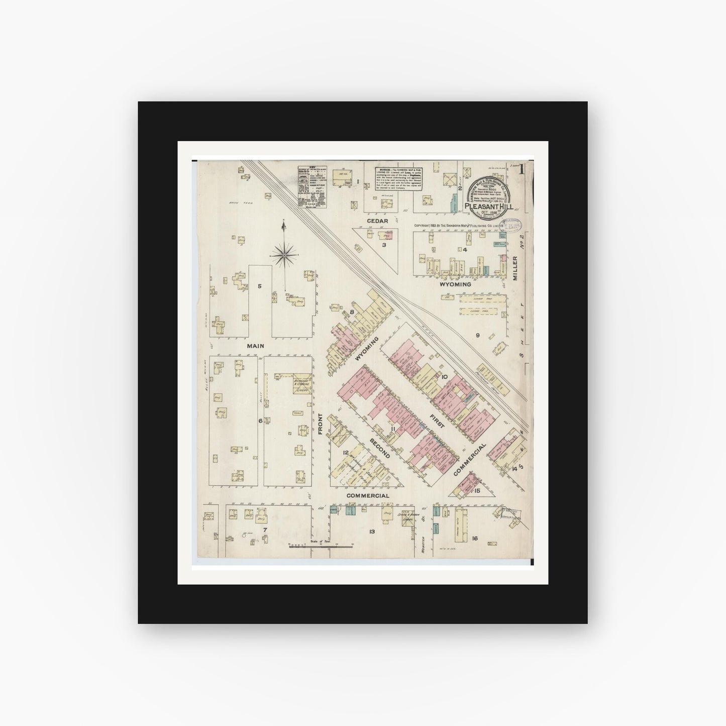 Old map wall art mockup — black gallery frame with white mat — Sanborn Fire Insurance Map from Pleasant Hill, Cass County, Missouri (1883), Sheet #0001