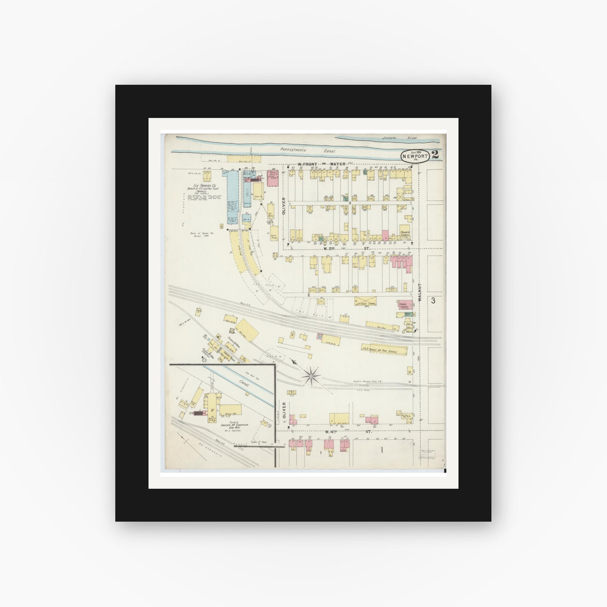 Old map wall art mockup — black gallery frame with white mat — Sanborn Fire Insurance Map from Newport, Perry County, Pennsylvania (1896), Sheet #0002