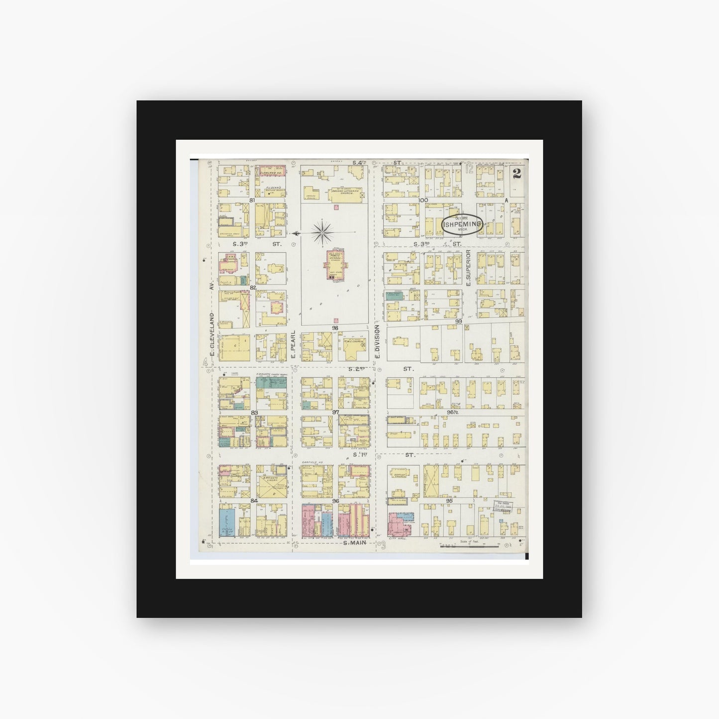 Old map wall art mockup — black gallery frame with white mat — Sanborn Fire Insurance Map from Ishpeming, Marquette County, Michigan (1892), Sheet #0002