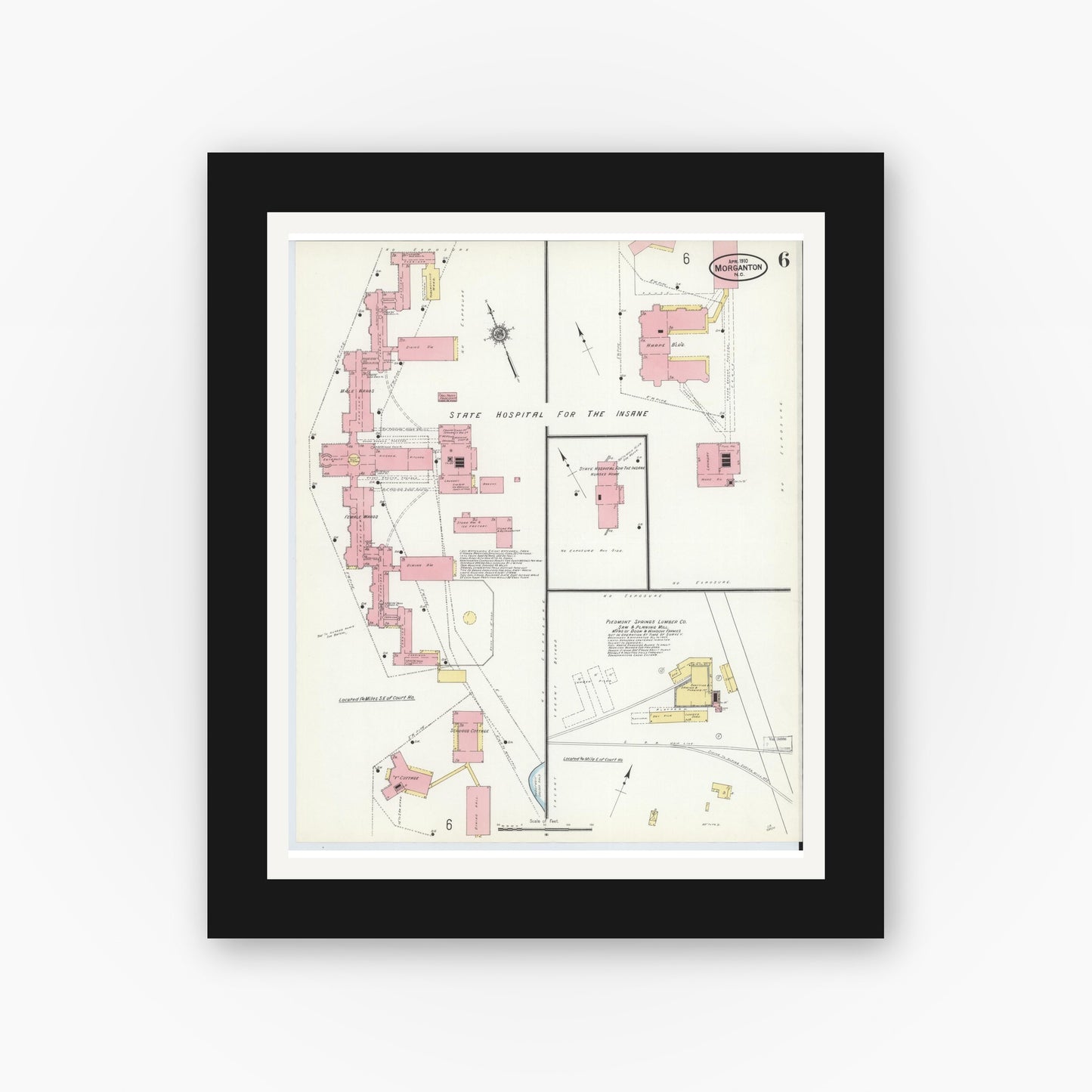 Old map wall art mockup — black gallery frame with white mat — Sanborn Fire Insurance Map from Morganton, Burke County, North Carolina (1910), Sheet #0006