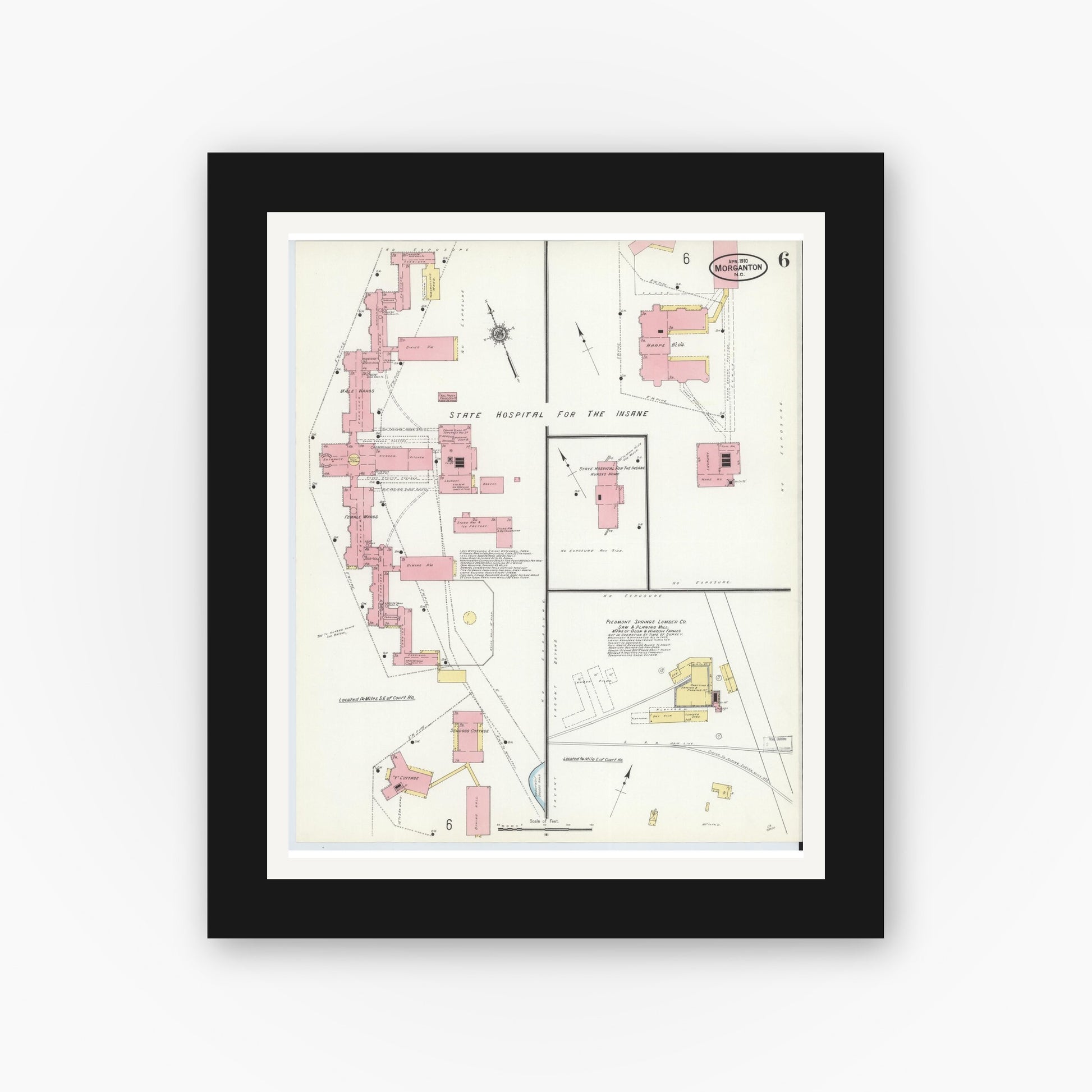 Old map wall art mockup — black gallery frame with white mat — Sanborn Fire Insurance Map from Morganton, Burke County, North Carolina (1910), Sheet #0006