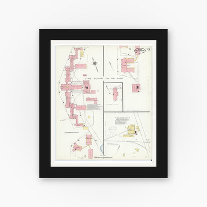 Old map wall art mockup — black gallery frame with white mat — Sanborn Fire Insurance Map from Morganton, Burke County, North Carolina (1910), Sheet #0006