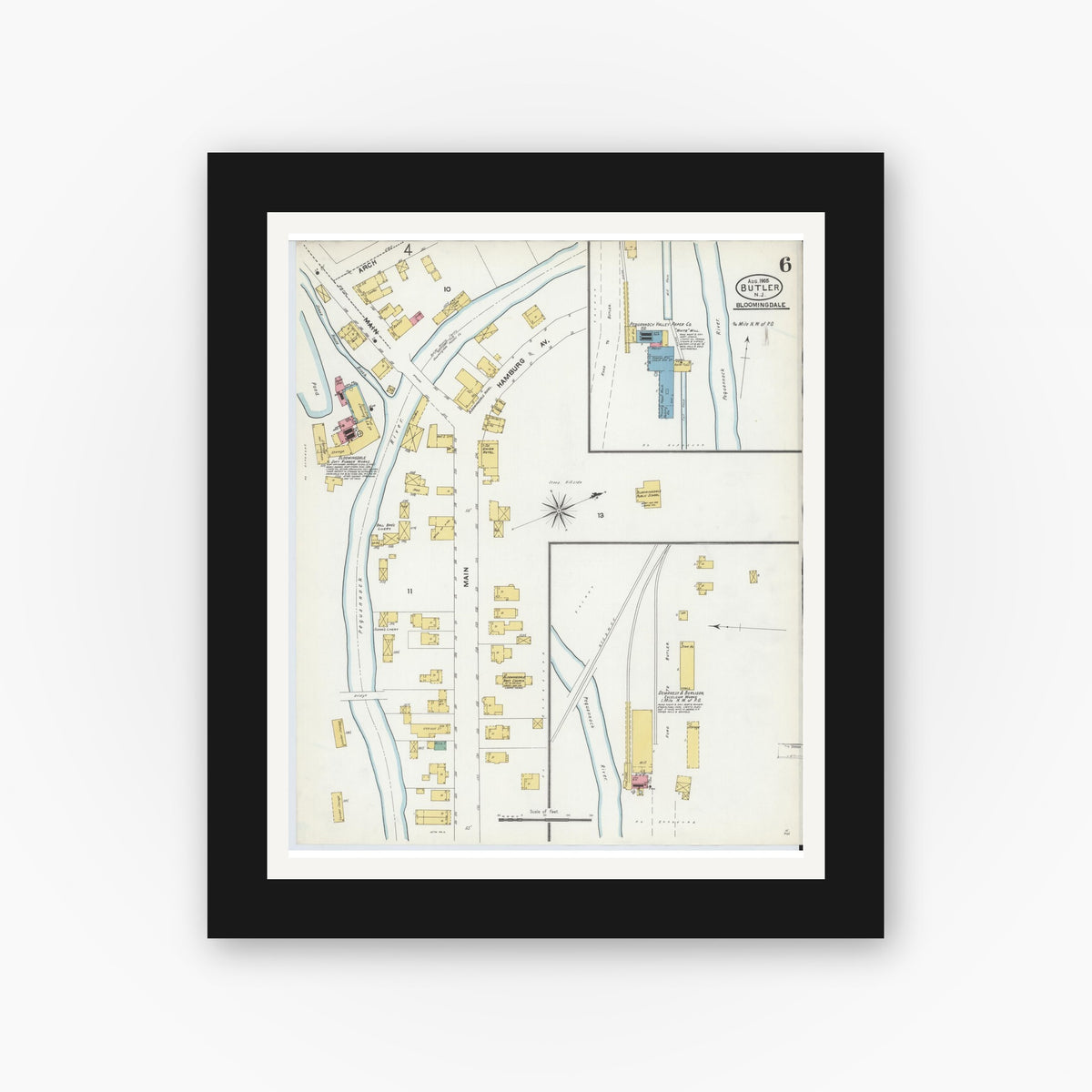 Old map wall art mockup — black gallery frame with white mat — Sanborn Fire Insurance Map from Butler, Morris County, New Jersey (1905), Sheet #0006