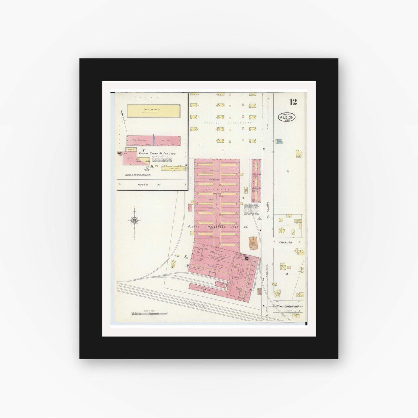 Old map wall art mockup — black gallery frame with white mat — Sanborn Fire Insurance Map from Albion, Calhoun County, Michigan (1913), Sheet #0012