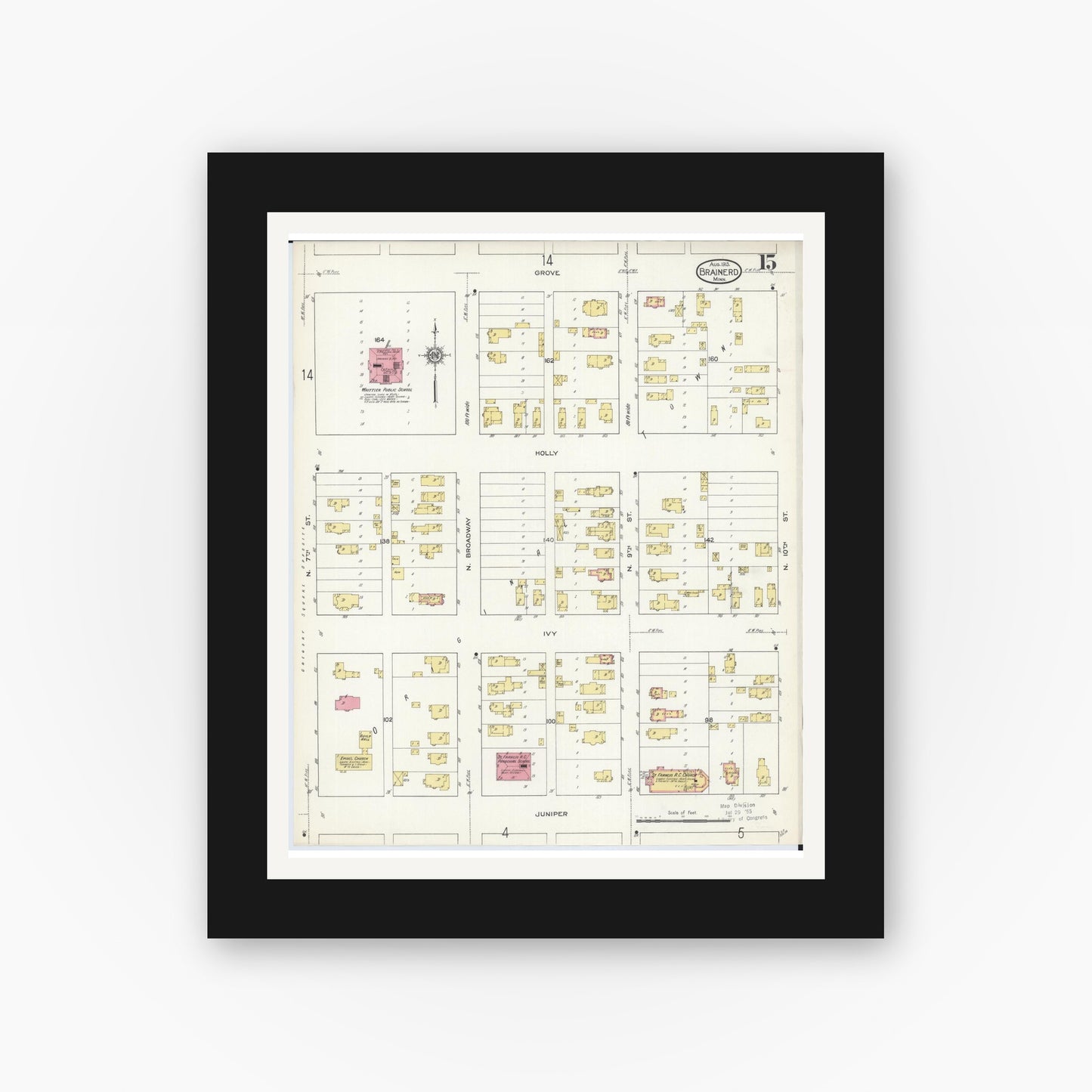 Old map wall art mockup — black gallery frame with white mat — Sanborn Fire Insurance Map from Brainerd, Crow Wing County, Minnesota (1913), Sheet #0015
