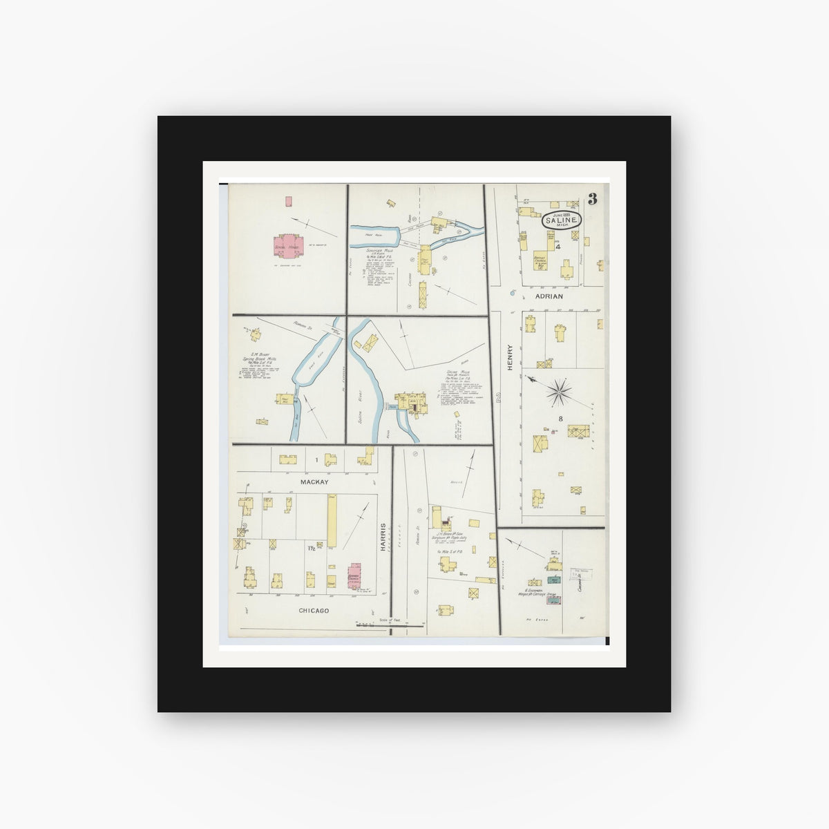 Old map wall art mockup — black gallery frame with white mat — Sanborn Fire Insurance Map from Saline, Washtenaw County, Michigan (1893), Sheet #0003