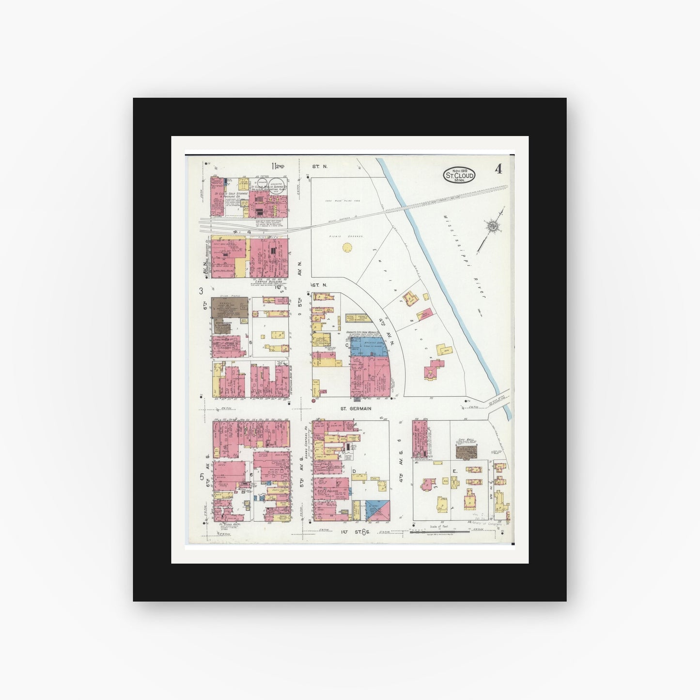 Old map wall art mockup — black gallery frame with white mat — Sanborn Fire Insurance Map from Saint Cloud, Stearns, Benton, and Sherburne Counties, Minnesota (1919), Sheet #0004