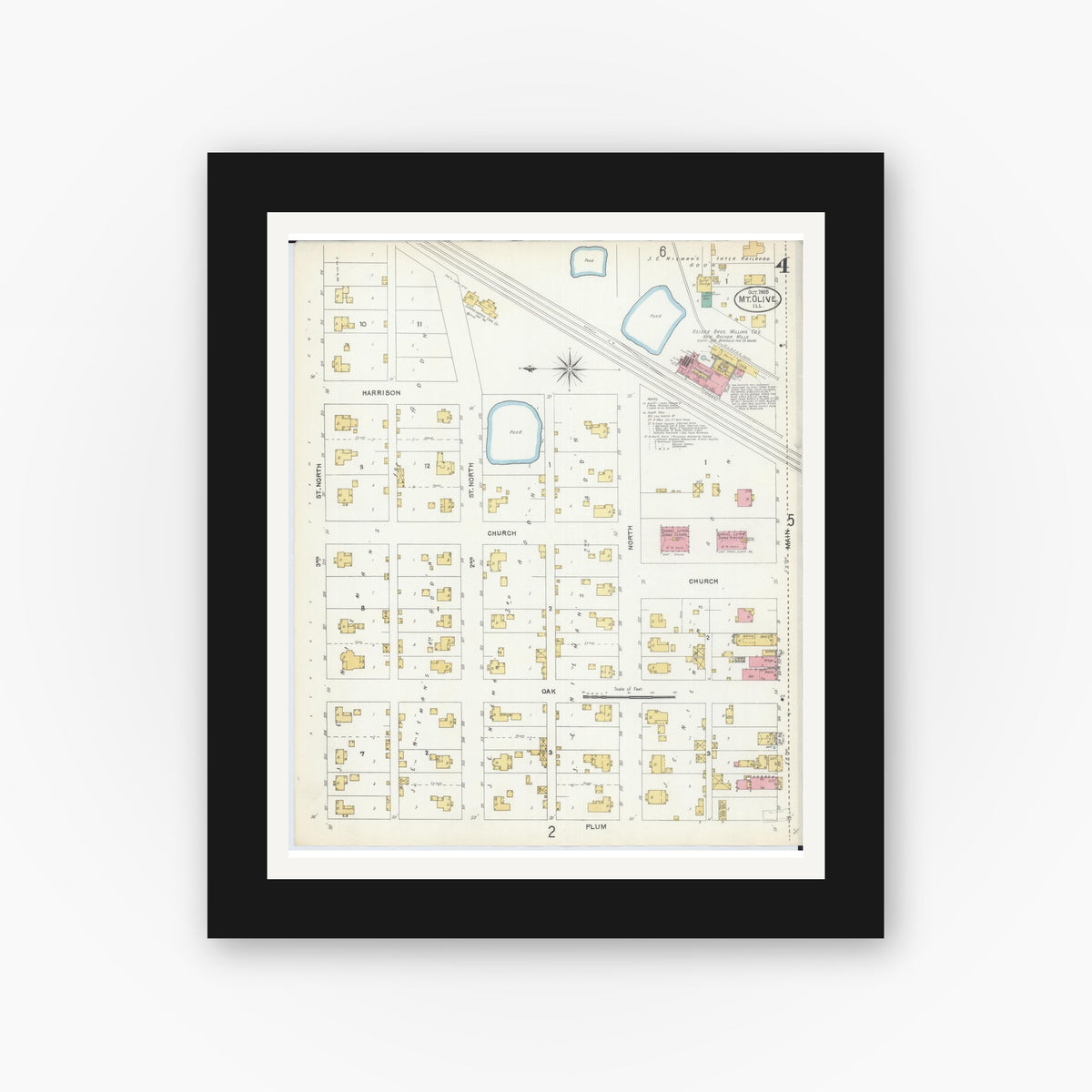 Old map wall art mockup — black gallery frame with white mat — Sanborn Fire Insurance Map from Mount Olive, Macoupin County, Illinois (1905), Sheet #0004