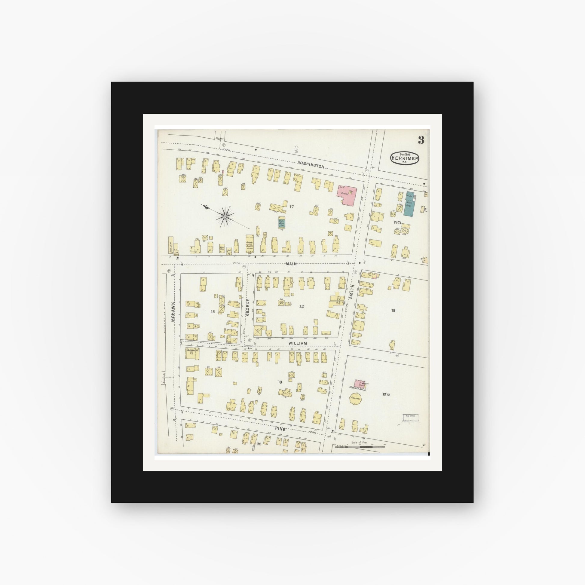 Old map wall art mockup — black gallery frame with white mat — Sanborn Fire Insurance Map from Herkimer, Herkimer County, New York (1895), Sheet #0003