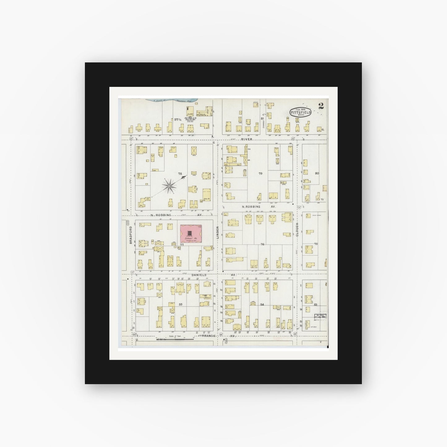 Old map wall art mockup — black gallery frame with white mat — Sanborn Fire Insurance Map from Pittsfield, Berkshire County, Massachusetts (1895), Sheet #0002