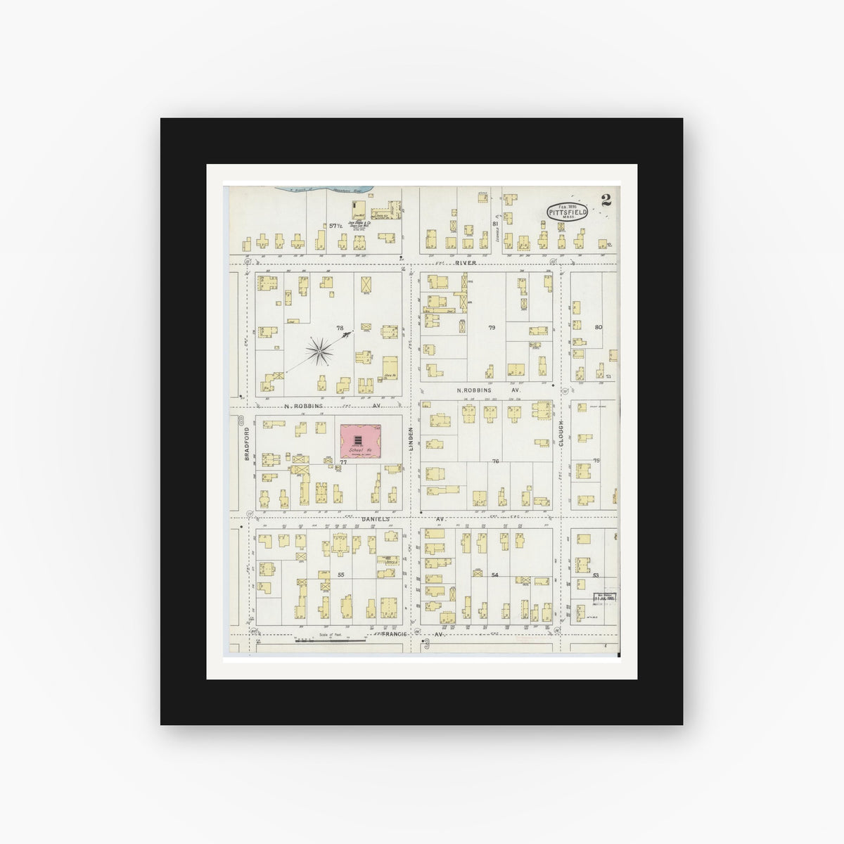 Old map wall art mockup — black gallery frame with white mat — Sanborn Fire Insurance Map from Pittsfield, Berkshire County, Massachusetts (1895), Sheet #0002