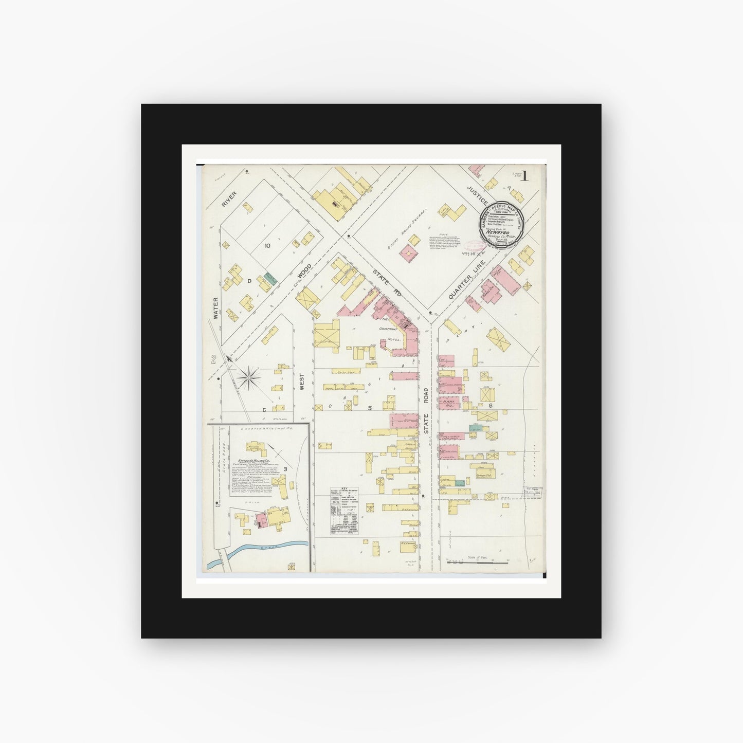 Old map wall art mockup — black gallery frame with white mat — Sanborn Fire Insurance Map from Newaygo, Newaygo County, Michigan (1892) - Complete Map Set